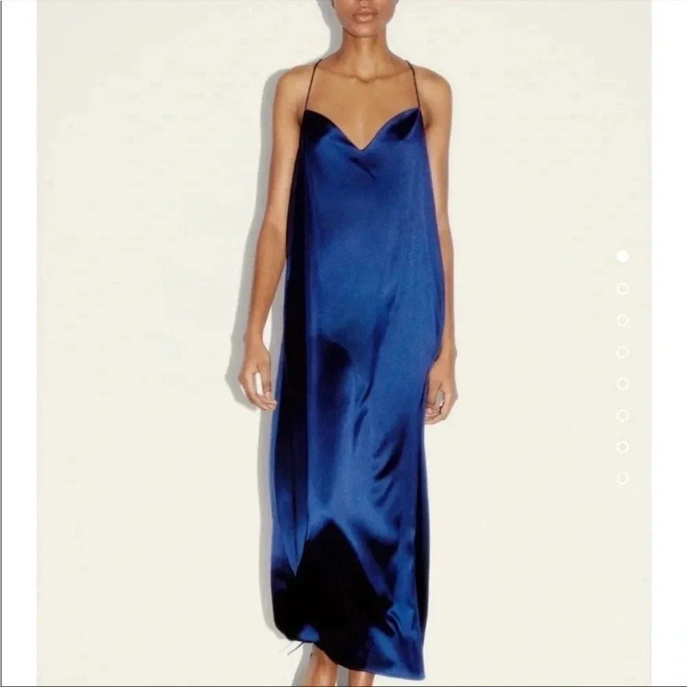 Zara blue back jewel strap satin midi dress